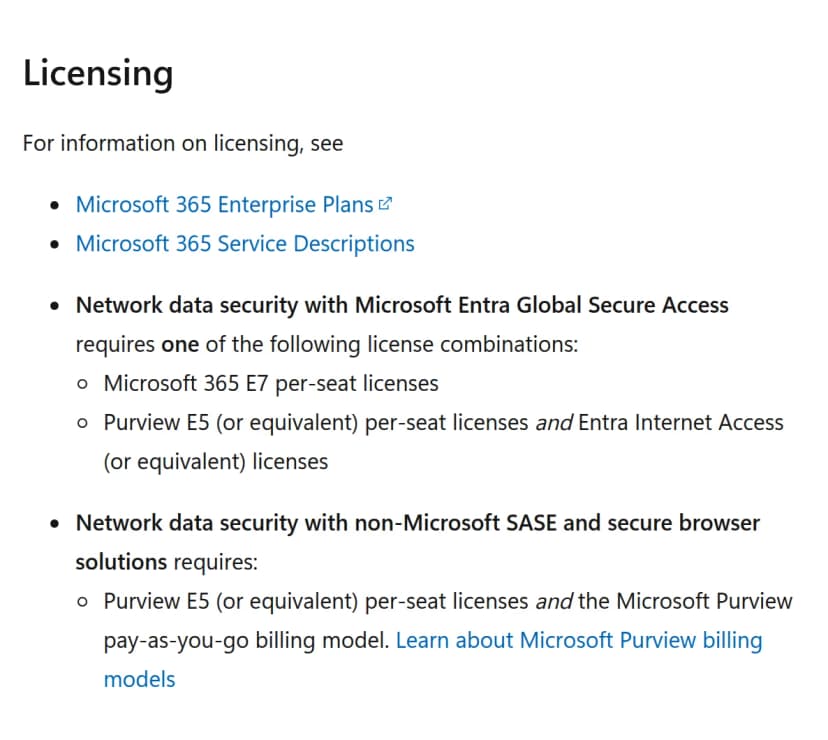 Microsoft Learn の英語の説明。Entra Global Secure Access との組み合わせは Microsoft 365 E7、または Purview E5 相当と Entra Internet Access 相当。他社の SASE は Purview E5 相当と従量課金