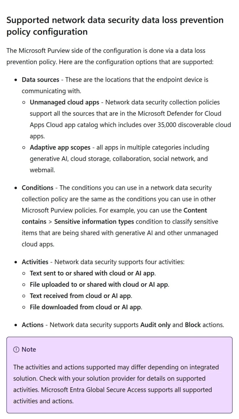Microsoft Learn の英語の説明。対象として Defender のクラウドアプリ カタログの35,000以上のアプリとアダプティブ アプリ スコープ、条件、4つの操作、監査のみとブロックの処理が並ぶ