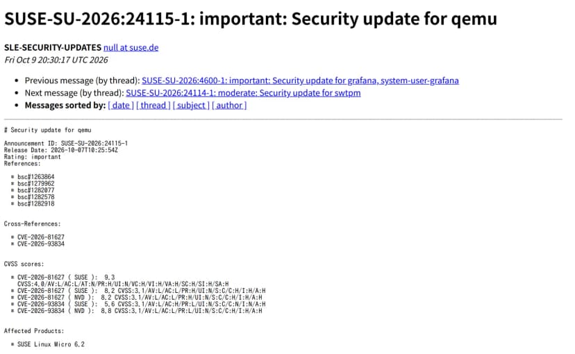 SUSE-SU-2026:24115-1の冒頭。公開日2026-10-07、評価important、CVE-2026-81627とCVE-2026-93834、対象はSUSE Linux Micro 6.2
