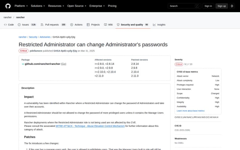 GitHubのRancher Security Advisoryページ。タイトルはRestricted Administrator can change Administrator's passwords、Critical 9.1/10、影響バージョンと修正版(2.8.14/2.9.8/2.10.4/2.11.0)の表、CVE ID CVE-2025-23391