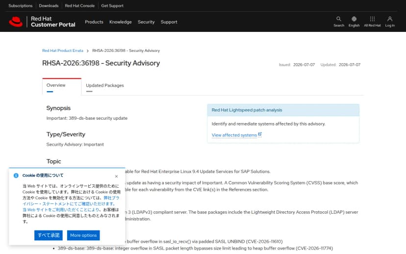Red Hat Customer PortalのRHSA-2026:36198のページ。SynopsisはImportant: 389-ds-base security update、Type/SeverityはImportant、LDAPサーバーの説明と、CVE-2026-11610やCVE-2026-11774の記載