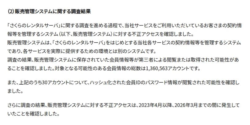 さくらインターネットの2026年9月10日の第三報の販売管理システムに関する調査結果。レンタルサーバの調査の過程で、契約情報などを管理する販売管理システムへの不正アクセスを確認。各サービスの提供環境とは別のシステム。会員情報など1,360,563アカウントが閲覧または取得された可能性があり、うち30アカウントはハッシュ化された会員IDのパスワード情報が閲覧された可能性がある。不正アクセスは2023年4月以降、2026年3月までの間に発生していた。