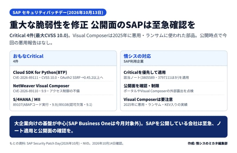 SAPの2026年10月13日のセキュリティパッチデーの図。Critical 4件で最大CVSS 10.0、NetWeaver Visual Composerは2025年に悪用・ランサムウェアに使われKEV入りした部品、公開時点で今回の悪用報告はなし。おもなCritical=Cloud SDK for Python(BTP)のCVE-2026-89111はCVSS10.0のOAuth2 SSRFで0.45.2以上へ、NetWeaver Visual ComposerのCVE-2026-89110は9.9でアクセス制御の不備、S/4HANAのCVE-2026-89107は9.9のABAPコード実行とMIIのCVE-2026-89108は9.1の認可欠落。情シスの対応=Criticalを優先して該当ノート(3805589・3797111ほか)を適用、ポータルやVisual Composerの外部露出を点検・制限する公開面の確認、Visual Composerは2025年に悪用・ランサム・KEV入りの実績で要注意。大企業向けの基盤が中心でSAP Business Oneは今月対象外、SAPを公開している会社は至急ノート適用と公開面の確認を、とある