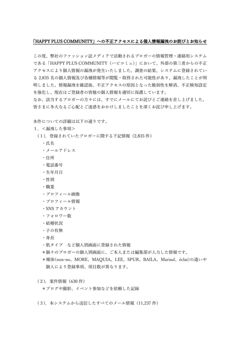 集英社のお知らせのPDFの1ページ目。題は「HAPPY PLUS COMMUNITY」への不正アクセスによる個人情報漏洩のお詫びとお知らせ。ファッション誌メディアで活動するブロガーの情報管理・連絡用システムであるHAPPY PLUS COMMUNITY(ハピコミュ)で外部の第三者からの不正アクセスにより個人情報が漏洩したこと、登録されている2,835名の個人情報及び各種情報等が閲覧・取得された可能性があり漏洩したことが判明したこと、脆弱性を解消し不正検知設定を強化したこと、該当するブロガーにはすでにメールで連絡したことが書かれている。漏洩した事項として、登録されていたブロガーに関する情報2,835件(氏名、メールアドレス、住所、電話番号、生年月日、性別、職業、プロフィール画像、プロフィール情報、SNSアカウント、フォロワー数、結婚状況、子の有無、身長、肌タイプなど個人別画面に登録された情報)、媒体はnon-no、MORE、MAQUIA、LEE、SPUR、BAILA、Marisol、éclatで登録事項が異なること、案件情報630件、本システムから送信したすべてのメール情報11,237件が並ぶ