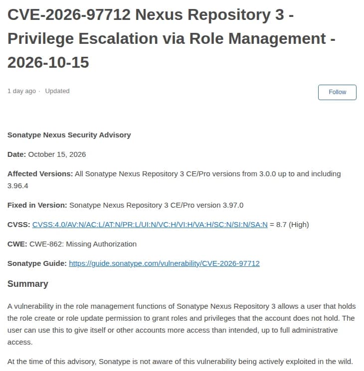 SonatypeのCVE-2026-97712の告知のページの上の部分。Date: October 15, 2026。Affected Versions: Nexus Repository 3 CE/Proの3.0.0から3.96.4までのすべての版。Fixed in Version: 3.97.0。CVSS: CVSS 4.0で8.7(High)。CWE-862: Missing Authorization。Summaryに、ロールの作成か更新の権限を持つ利用者が、自分の持たないロールと権限を与えられ、最大で管理者の権限まで得られること、告知の時点で悪用は把握していないことが書かれている