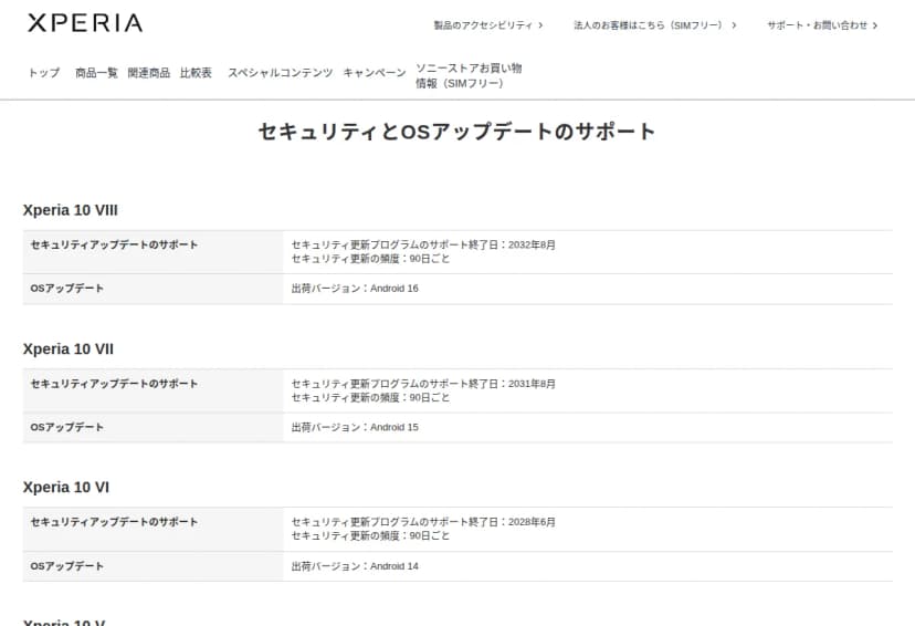 ソニーのXperiaの公式サイトのAndroid Enterprise Recommendedのページの「セキュリティとOSアップデートのサポート」の表。Xperia 10 VIIIはセキュリティ更新プログラムのサポート終了日2032年8月・出荷バージョンAndroid 16、Xperia 10 VIIは2031年8月・Android 15、Xperia 10 VIは2028年6月・Android 14で、どれもセキュリティ更新の頻度は90日ごと