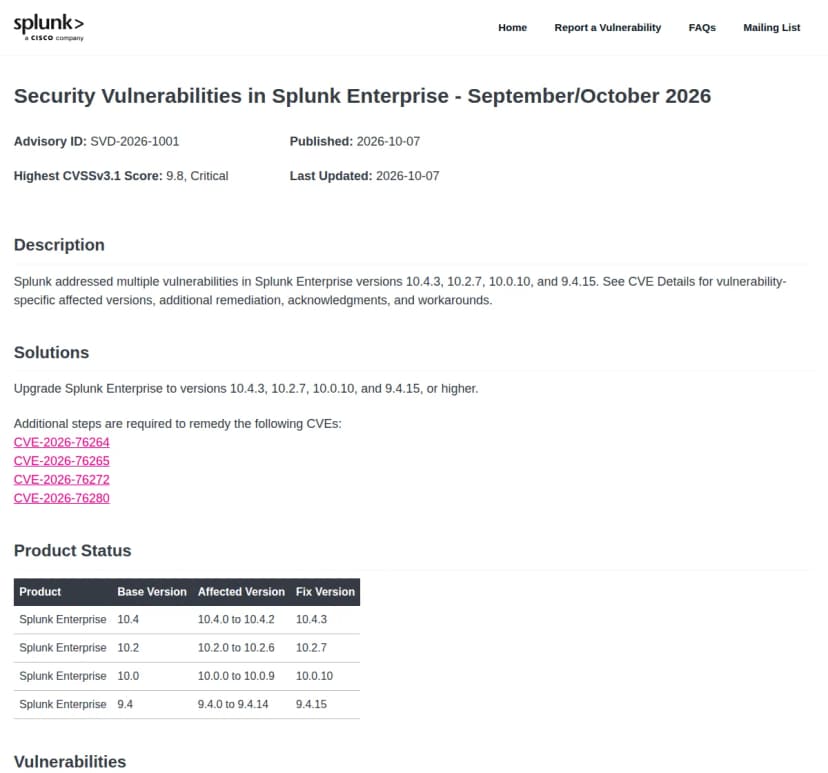 Splunk Vulnerability Disclosureの告知SVD-2026-1001のページ。公開日2026年10月7日、最高CVSS 9.8 Critical、修正版は10.4.3、10.2.7、10.0.10、9.4.15、追加の手順が要るCVEの一覧、影響を受ける版の表