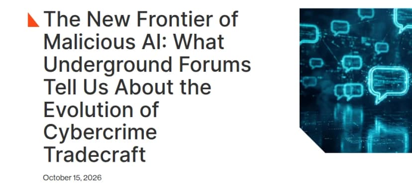 Bitsightのブログの画面。The New Frontier of Malicious AI: What Underground Forums Tell Us About the Evolution of Cybercrime Tradecraftという題と、2026年10月15日の日付
