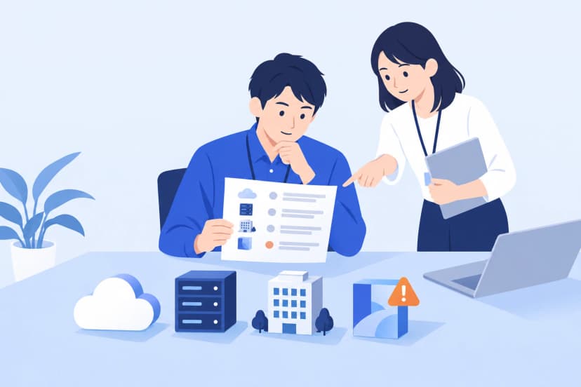 情シスの担当者が机で外部のサービスの一覧の紙を見ていて、同僚が紙を指さしている。机の上には雲、サーバー、委託先の建物、箱の形の記号が並び、そのうち1つに黄色の注意の印が付いている。