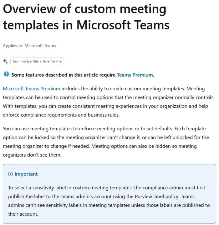 Microsoft Learnの画面。題はOverview of custom meeting templates in Microsoft Teams。Teams Premiumでカスタムの会議テンプレートを作れること、主催者がふだん決める会議のオプションを決められること、オプションを固定したり隠したりできることが書かれ、重要の枠に、秘密度ラベルを選ぶにはPurviewのラベルのポリシーでTeamsの管理者にラベルを公開する必要があるとある