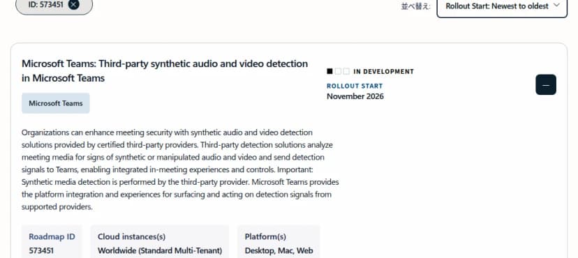 Microsoft 365ロードマップの英語の項目。見出しはMicrosoft Teams: Third-party synthetic audio and video detection in Microsoft Teams。状態はIN DEVELOPMENT、ROLLOUT STARTはNovember 2026。説明文の下に、Roadmap ID 573451、Worldwide (Standard Multi-Tenant)、Desktop・Mac・Webが並ぶ