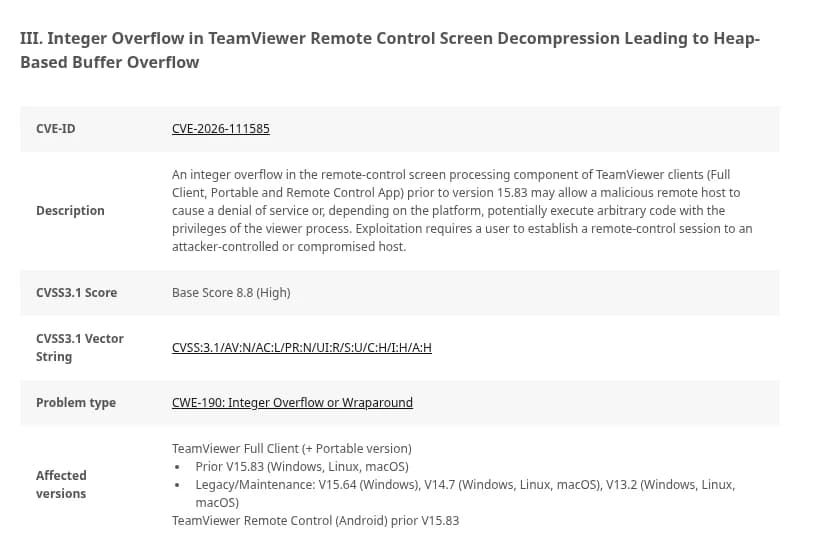TeamViewerの勧告TV-2026-1011の一部。III. Integer Overflow in TeamViewer Remote Control Screen Decompression Leading to Heap-Based Buffer Overflowの見出しの下に、CVE-2026-111585、説明（Full Client、Portable、Remote Control Appの15.83より前の版で、悪意のある接続先がサービス妨害や、OSによっては接続した側の権限でのコード実行を起こしうる。悪用には、攻撃者が用意した相手か乗っ取られた相手へのリモート操作の接続が要る）、CVSS 8.8（High）、影響する版（15.83より前のWindows・Linux・macOS、古い系統の15.64・14.7・13.2、Androidの Remote Control の15.83より前）が並ぶ
