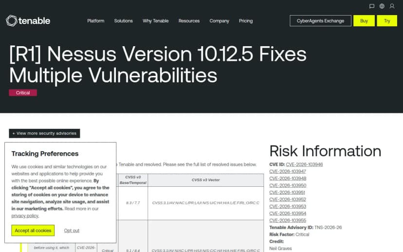 Tenable公式サイトの助言ページ。見出しは[R1] Nessus Version 10.12.5 Fixes Multiple VulnerabilitiesでCriticalの表示、右にRisk InformationとしてCVE-2026-103946〜103955の一覧とTNS-2026-26の記載