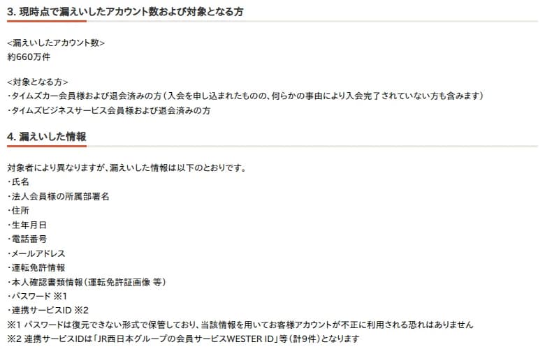 タイムズカーのお知らせの画面。「3. 現時点で漏えいしたアカウント数および対象となる方」に約660万件、対象はタイムズカー会員と退会済みの方(入会が完了していない方を含む)とタイムズビジネスサービス会員と退会済みの方。「4. 漏えいした情報」に氏名、法人会員様の所属部署名、住所、生年月日、電話番号、メールアドレス、運転免許情報、本人確認書類情報(運転免許証画像等)、パスワード、連携サービスIDが並び、パスワードは復元できない形式で保管、連携サービスIDはWESTER ID等の計9件と注記がある