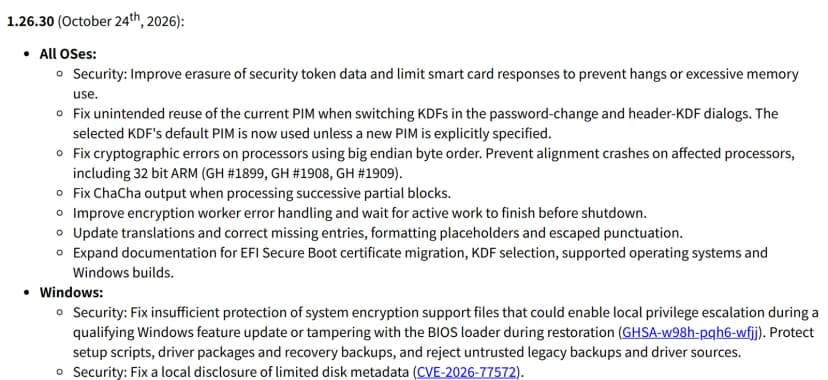 VeraCryptのリリースノートの1.26.30（2026年10月24日）の部分。すべてのOS向けに、セキュリティトークンのデータの消去の改善とスマートカードの応答の制限、KDFを切り替えたときのPIMの再利用の修正、ビッグエンディアンのプロセッサーでの暗号の誤りの修正、ChaChaの出力の修正、暗号化の処理の誤りの扱いの改善、翻訳の更新、EFIのセキュアブートの証明書の移行などの説明の追加が並ぶ。Windows向けの最初は、システム暗号化の補助ファイルの保護が足りず、条件を満たすWindowsの機能更新の最中のローカルの権限昇格や、復元の際のBIOS用ローダーの改ざんにつながるおそれがあった問題の修正（GHSA-w98h-pqh6-wfjj）。次が、限られたディスクのメタデータのローカルでの漏えいの修正（CVE-2026-77572）