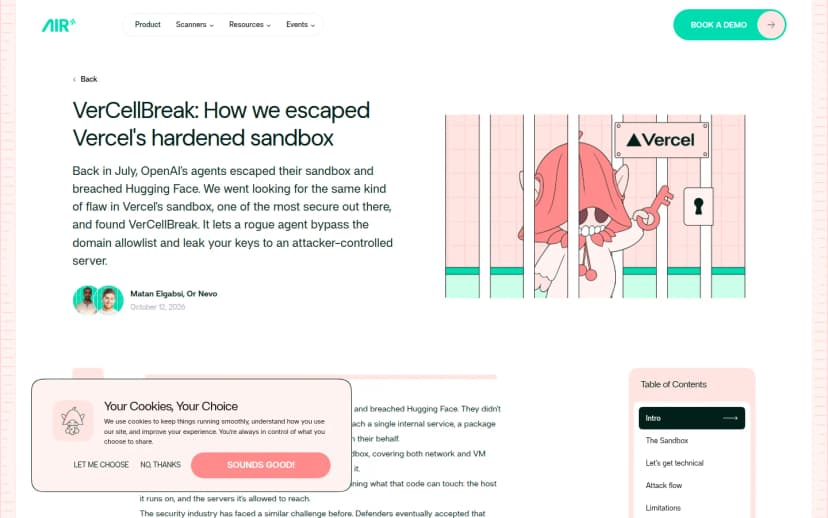 AIR Securityのブログ記事の画面。見出しは「VerCellBreak: How we escaped Vercel's hardened sandbox」、著者はMatan ElgabsiとOr Nevo、日付は2026年10月12日。リード文に、Vercelのサンドボックスで、不正なエージェントがドメインの許可リストを回避し、鍵を攻撃者が管理するサーバーへ持ち出せることを見つけたと書かれている