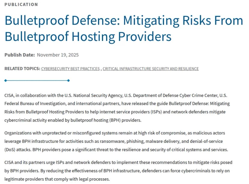 米CISAのウェブサイトの資料のページ。題は「Bulletproof Defense: Mitigating Risks From Bulletproof Hosting Providers」、公開日は2025年11月19日。CISAがNSA、国防総省サイバー犯罪センター、FBIと各国の機関と共同で、ISPとネットワークを守る側に向けた指針を出したと説明している