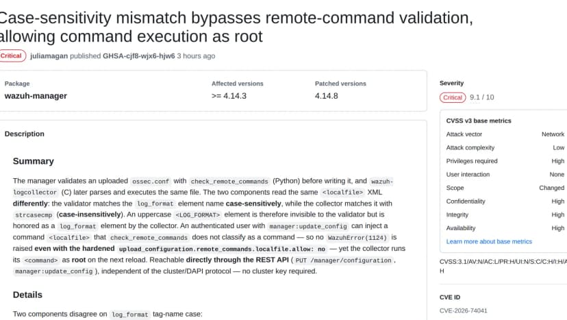 WazuhのGitHubセキュリティアドバイザリGHSA-cjf8-wjx6-hjw6。題はCase-sensitivity mismatch bypasses remote-command validation, allowing command execution as root。パッケージwazuh-manager、影響版4.14.3以上、修正版4.14.8、深刻度Criticalで9.1/10、CVE IDはCVE-2026-74041と表示されている