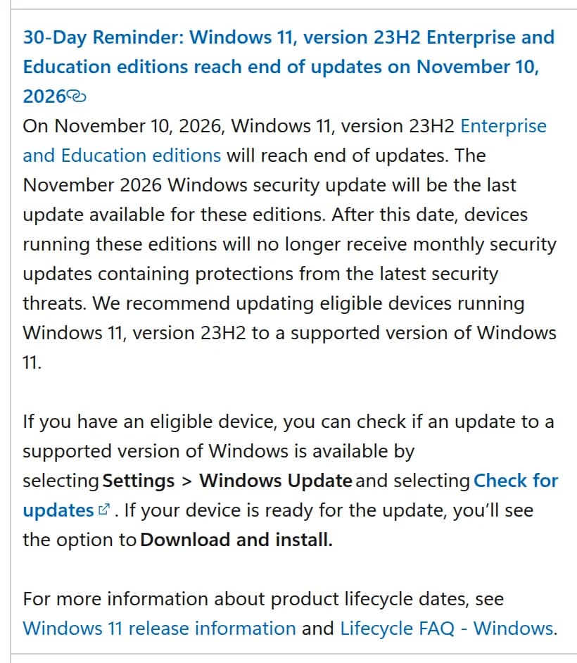 Microsoft Learnのメッセージセンターの項目(英語)。題は「30-Day Reminder: Windows 11, version 23H2 Enterprise and Education editions reach end of updates on November 10, 2026」。2026年11月のセキュリティ更新が最後であること、終了後は月例のセキュリティ更新が届かないこと、設定のWindows Updateで更新を確認できることが書かれている