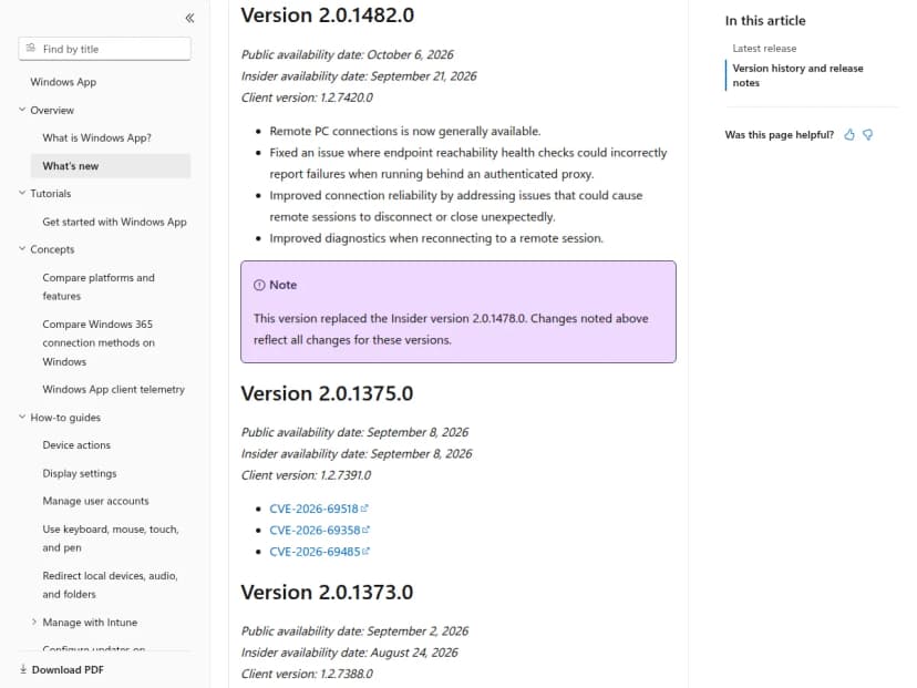 Microsoft LearnのWindows App更新履歴のページ。Version 2.0.1482.0、Public availability date: October 6, 2026の下に、Remote PC connections is now generally availableと書かれている