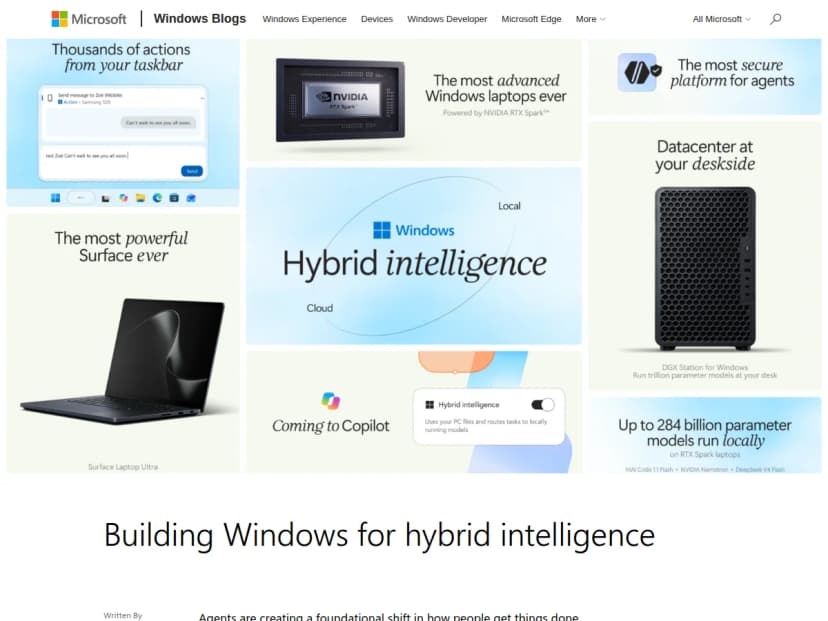 Windows Experience Blogの記事の冒頭。ハイブリッドインテリジェンスの文字を中心に、Surface Laptop Ultra、DGX Station、タスクバーのアクションなどの紹介画像が並ぶ