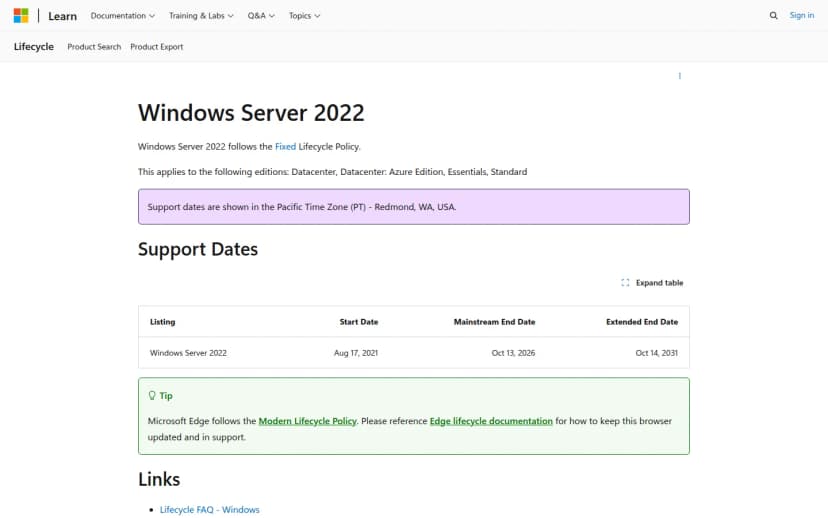 Microsoft Learnのライフサイクルのページ『Windows Server 2022 - Microsoft Lifecycle』。メインストリームサポートの終了日が2026年10月13日、延長サポートの終了日が2031年10月14日と記載されている
