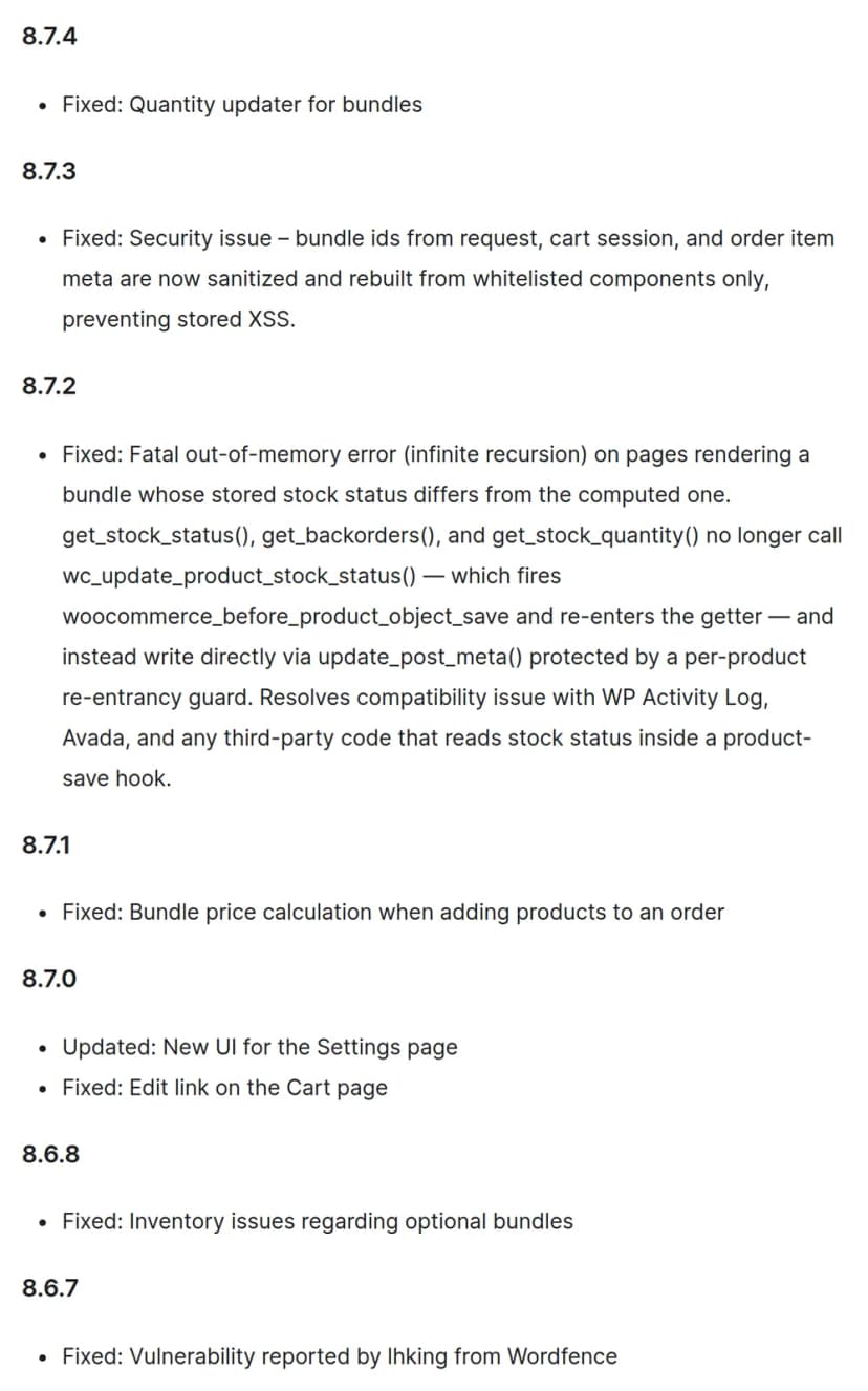 WordPress.orgのWPC Product Bundles for WooCommerceの変更履歴(英語)。8.7.4から8.6.7までが並び、8.7.3にはリクエスト・カートのセッション・注文の項目のデータから来るバンドルのIDを無害化して保存型XSSを防ぐセキュリティの修正、8.6.7にはWordfenceのlhking氏から報告された脆弱性の修正と書かれている