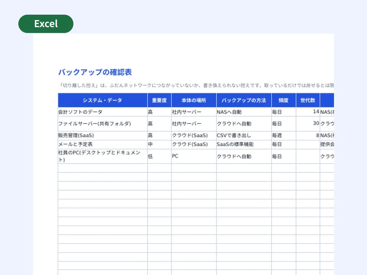 バックアップとBCPの確認表のプレビュー