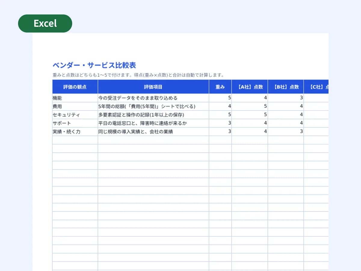 ベンダー・サービス比較表(重み付き採点)のプレビュー
