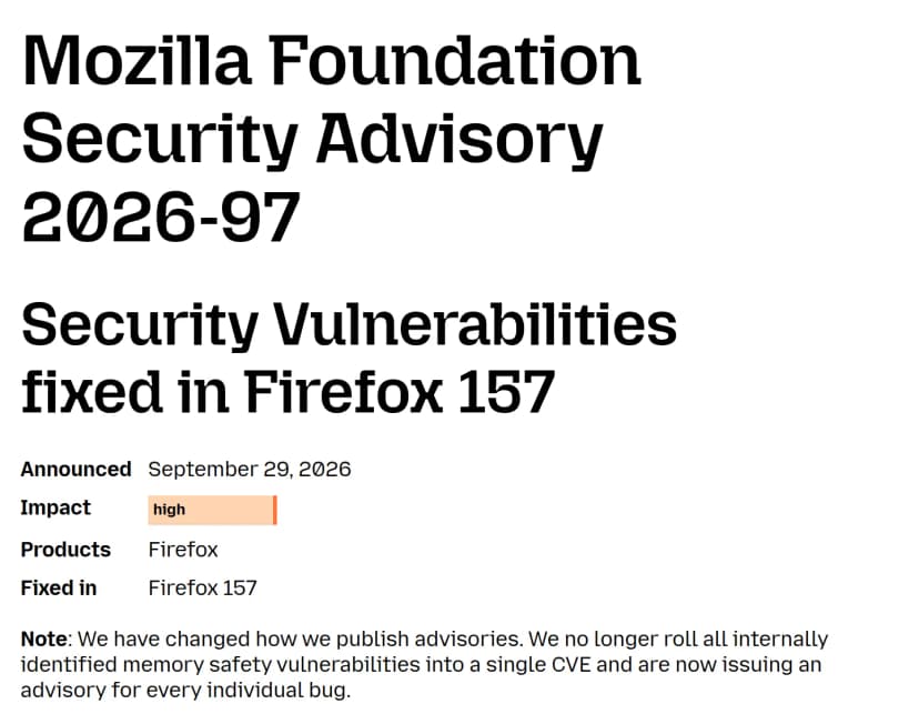 Mozilla Foundation Security Advisory 2026-97。Announced September 29, 2026、Impact high、Products Firefox、Fixed in Firefox 157。個別のバグごとにアドバイザリを出すという注記がある