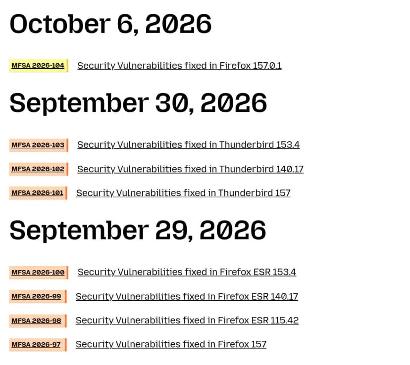 MozillaのSecurity Advisories一覧。10月6日はMFSA 2026-104(Firefox 157.0.1)、9月30日はMFSA 2026-103・102・101(Thunderbird 153.4・140.17・157)、9月29日はMFSA 2026-100・99・98・97(Firefox ESR 153.4・140.17・115.42、Firefox 157)