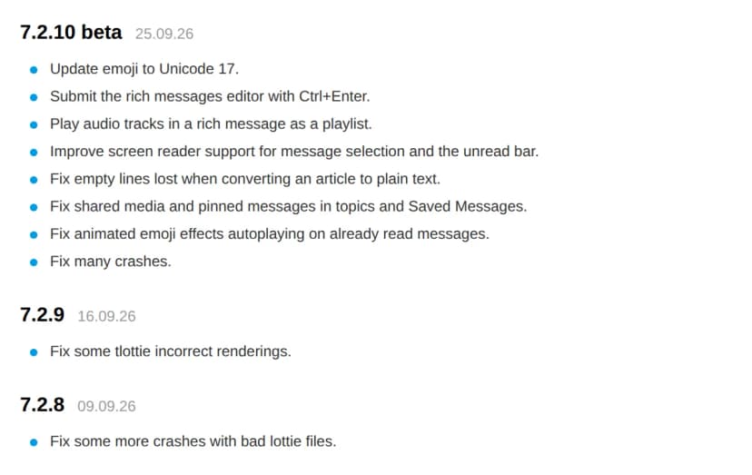 Telegram Desktopの変更履歴のページ。7.2.10 beta、7.2.9(16.09.26)、7.2.8の項目。7.2.9の項目は、tlottieの表示の修正の1行だけ