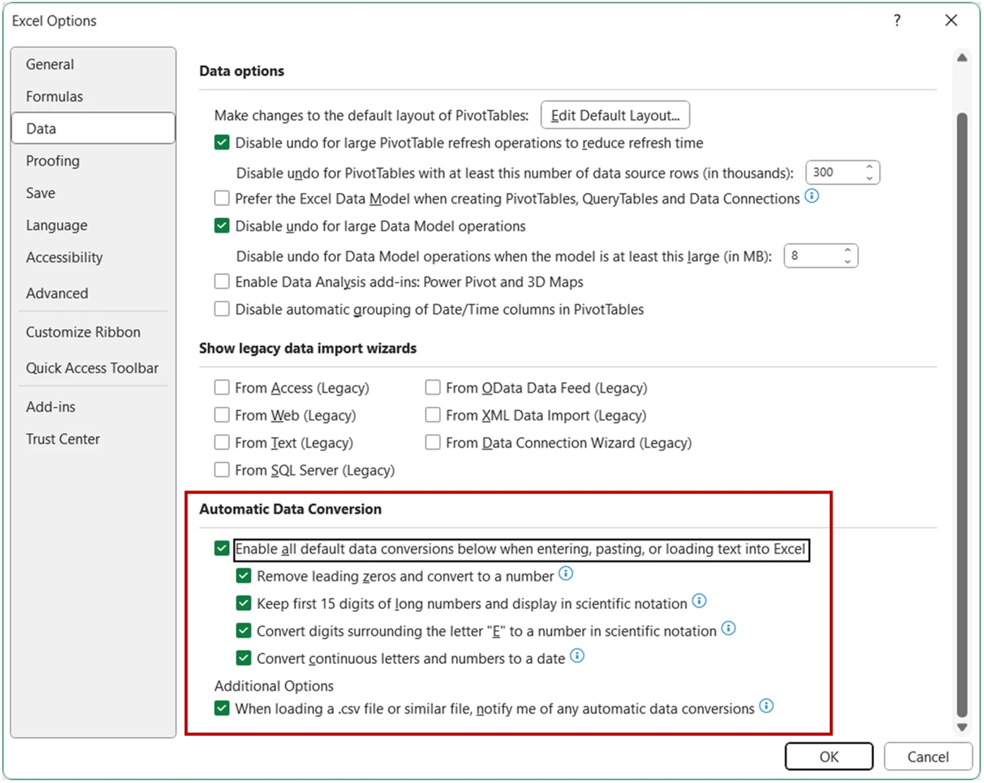 英語版のExcelのオプションの「Data」の画面。赤い枠の「Automatic Data Conversion」の欄に、先頭のゼロを消して数値にする、長い数字を15桁で指数表記にする、Eを挟む数字を指数にする、文字と数字の続きを日付にする、の4つのチェックと、CSVを開くときに変換を知らせるチェックが並んでいる