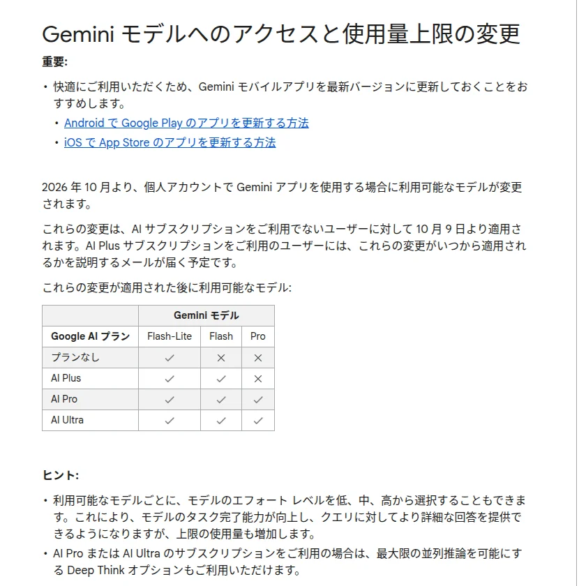 Geminiアプリ ヘルプのページ「Gemini モデルへのアクセスと使用量上限の変更」。2026年10月から個人アカウントで使えるモデルが変わり、AIサブスクリプションのない人には10月9日から適用されるという説明。表では、プランなしはFlash-Liteだけ、AI PlusはFlash-LiteとFlash、AI ProとAI Ultraは3つすべてに印が付いている。下にエフォートを低・中・高から選べるというヒント