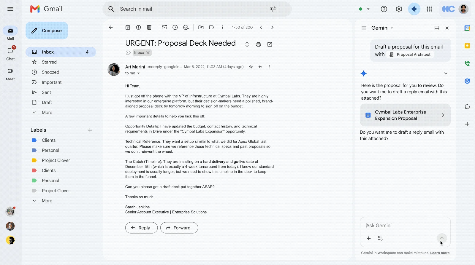英語表示のGmailの画面。中央に「URGENT: Proposal Deck Needed」という件名のメール、右のGeminiのパネルに「Draft a proposal for this email with Proposal Architect」という依頼と、作られた提案書「Cymbal Labs Enterprise Expansion Proposal」、添付して返信を書くかの問いかけが表示されている