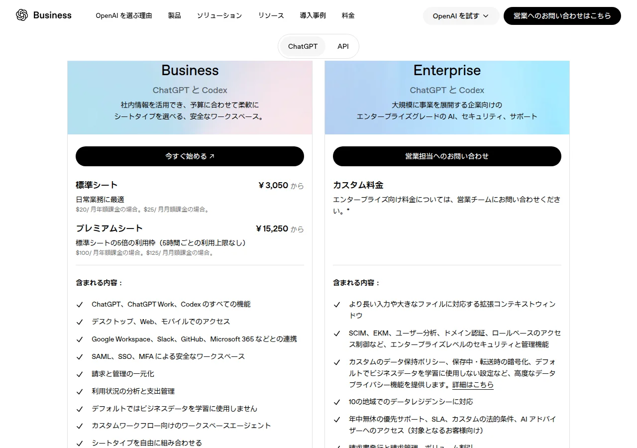 OpenAIのビジネス向け料金のページ。Businessは標準シートが¥3,050から($20/月は年額課金、$25/月は月額課金)、プレミアムシートが¥15,250から($100と$125)。Enterpriseはカスタム料金。含まれる内容として、BusinessにSAML・SSO・MFA、デフォルトでビジネスデータを学習に使用しないこと、EnterpriseにSCIM、10の地域でのデータレジデンシーなどが並ぶ
