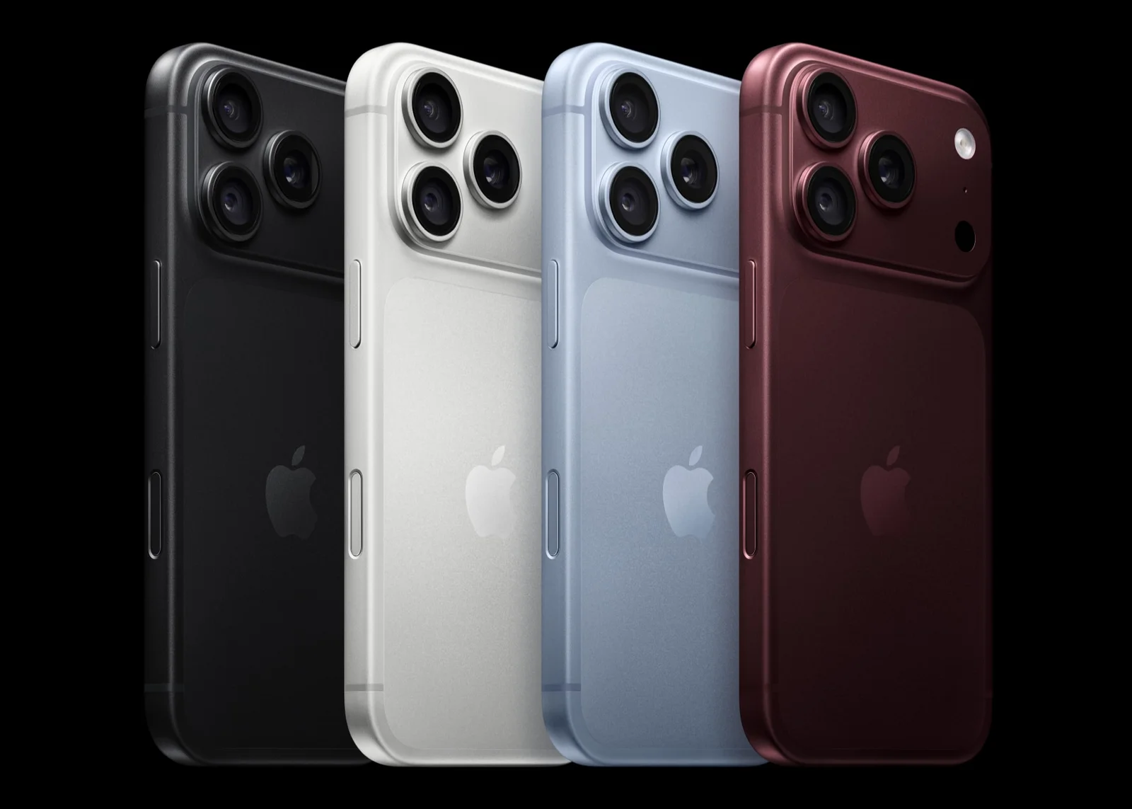 黒い背景に、ブラック、シルバー、グレイシャー(水色)、バーガンディのiPhone 18 Proの背面を斜めに並べた写真。どれも左上に3つのカメラがある