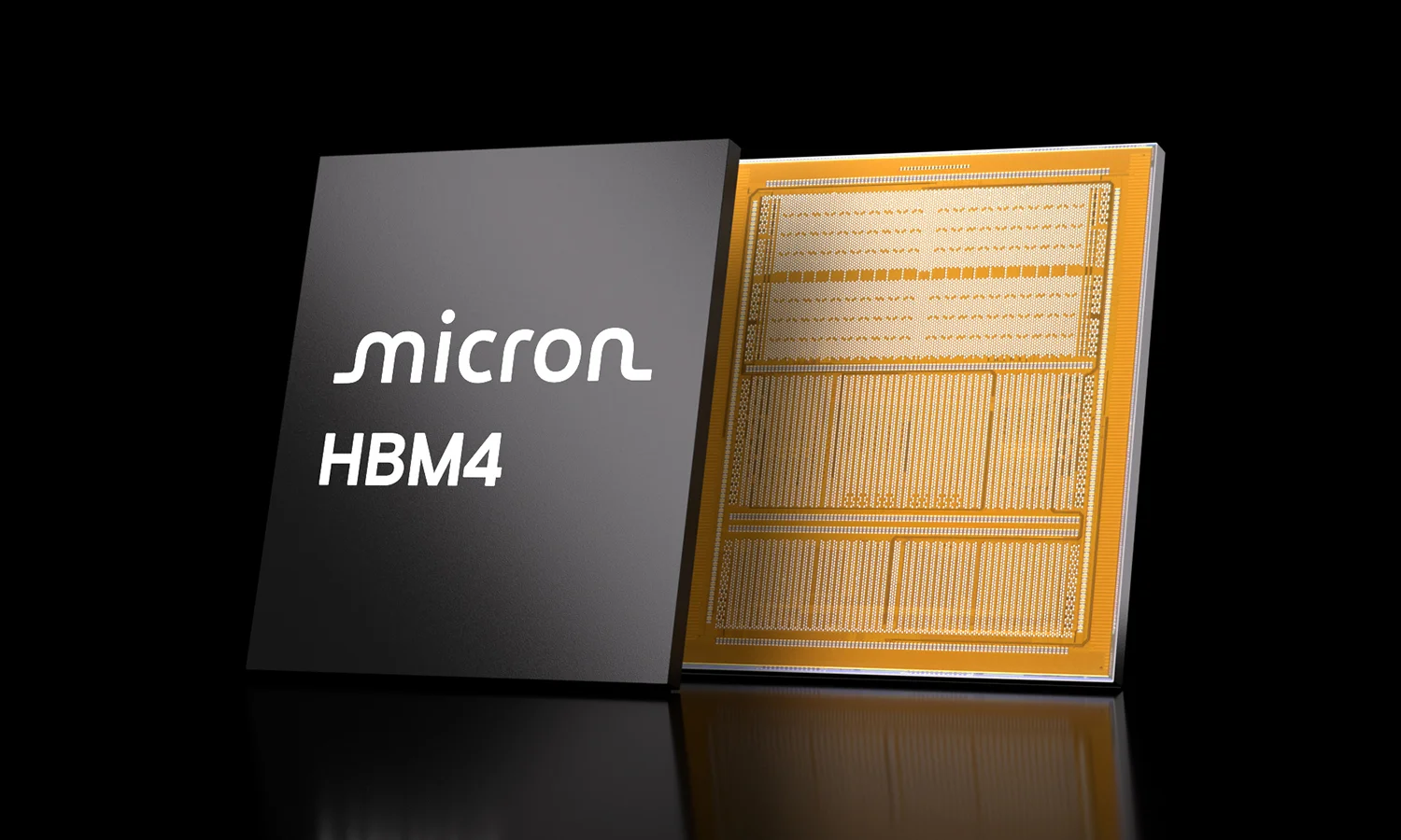 黒い背景に、Micron HBM4と白い文字が入った黒い四角いチップと、その裏側の金色の端子の面が並んで写っている