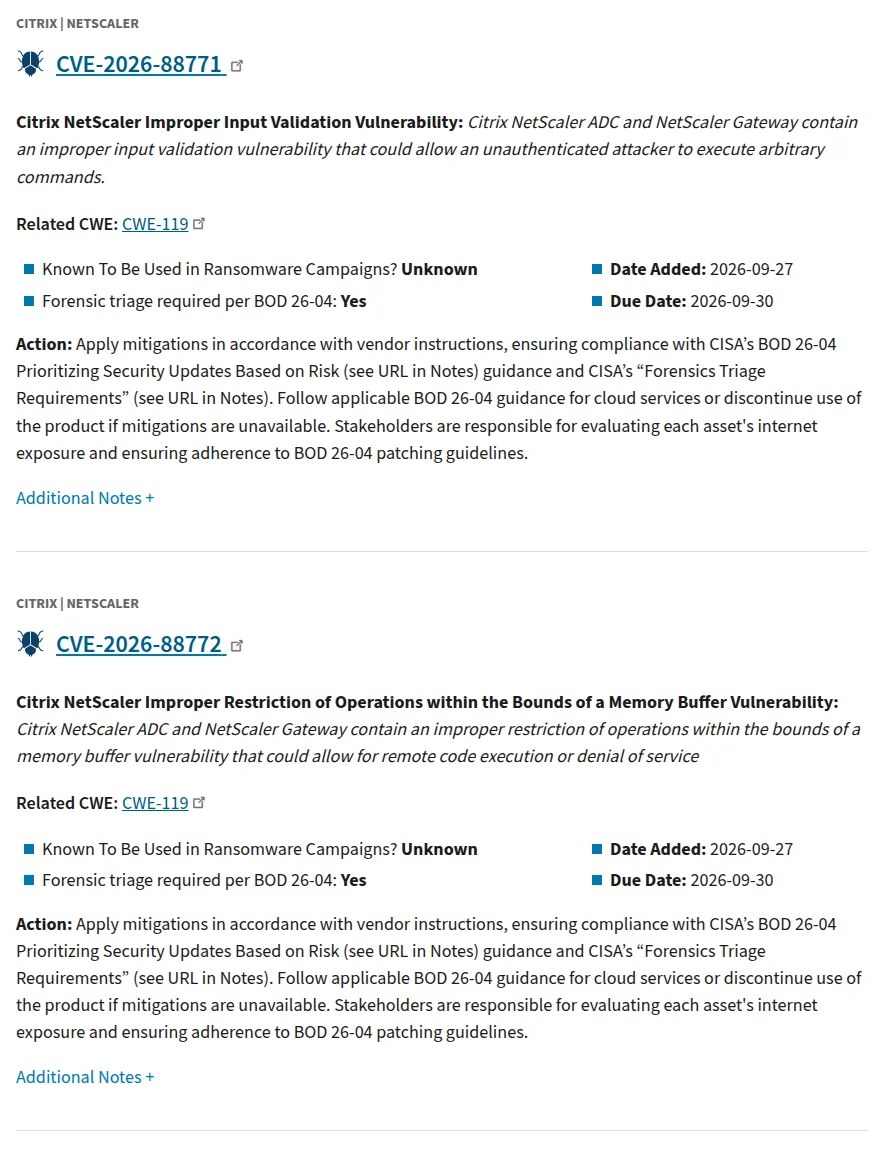 米国CISAのKnown Exploited Vulnerabilities Catalogのページの2つの項目。CITRIX | NETSCALERのCVE-2026-88771(入力の検証の不備で、認証なしで任意のコマンド実行のおそれ)と、CVE-2026-88772(メモリバッファの境界の不備で、リモートでのコード実行やサービス妨害のおそれ)。どちらもDate Addedが2026-09-27、Due Dateが2026-09-30で、ベンダーの指示に沿って対策するようActionに書かれている