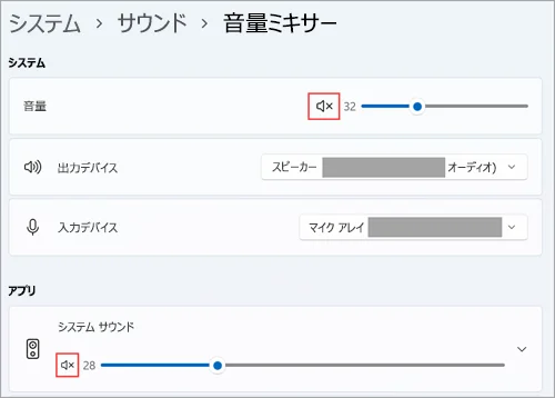 Windows 11の設定の「システム > サウンド > 音量ミキサー」の画面。システムの欄に音量のスライダー(32)、出力デバイス(スピーカー)、入力デバイス(マイク アレイ)の選択欄があり、アプリの欄にシステム サウンドの音量(28)が並ぶ。音量の横にあるミュートのアイコン(スピーカーに×)が2か所、赤い枠で囲まれている。機器の名前の一部は灰色で隠されている