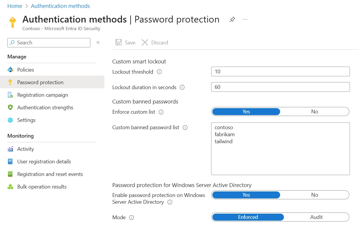 Microsoft Entra管理センターの「Authentication methods | Password protection」の画面(英語)。Custom smart lockoutのLockout threshold(ロックするまでの失敗回数)に10、Lockout duration in seconds(ロックの秒数)に60が入っている。その下にCustom banned passwords(禁止するパスワードの一覧。例はcontoso、fabrikam、tailwind)と、Windows Server Active Directoryのパスワード保護の設定が並ぶ