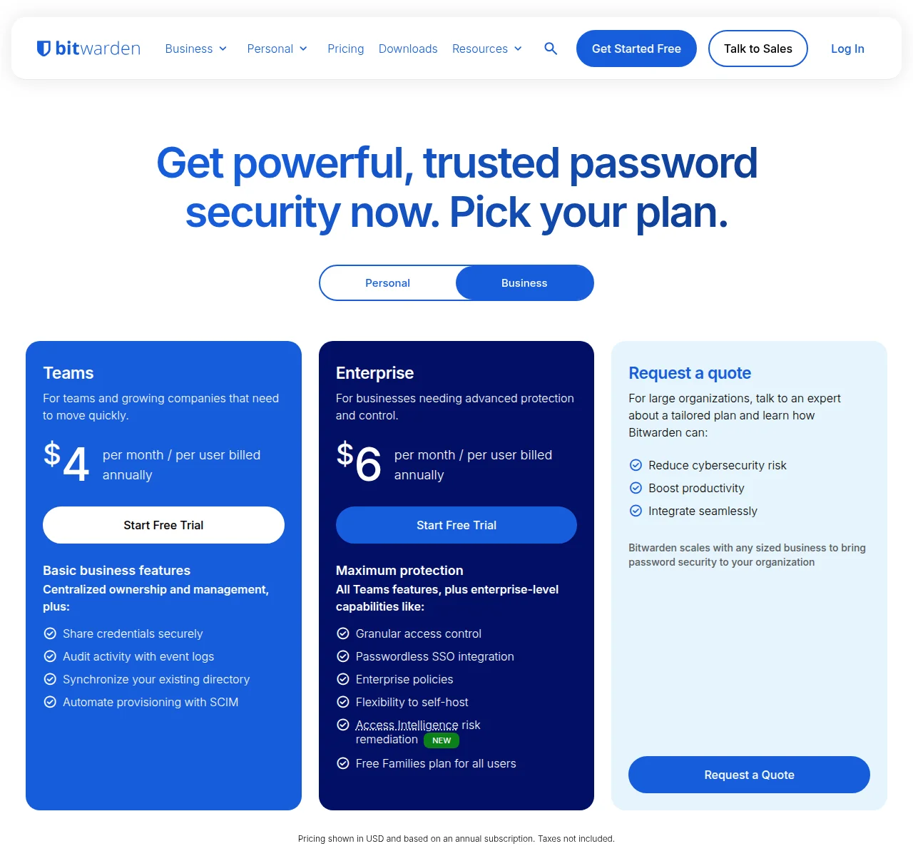 BitwardenのBusinessの料金ページ。Teamsは1人あたり月$4(年払い)で、資格情報の共有、イベントログによる監査、ディレクトリの同期、SCIMによるプロビジョニング。Enterpriseは1人あたり月$6(年払い)で、パスワードレスのSSO連携、企業向けのポリシー、セルフホストを選べることなど。右に見積もり依頼の欄。下に「Pricing shown in USD and based on an annual subscription. Taxes not included.」