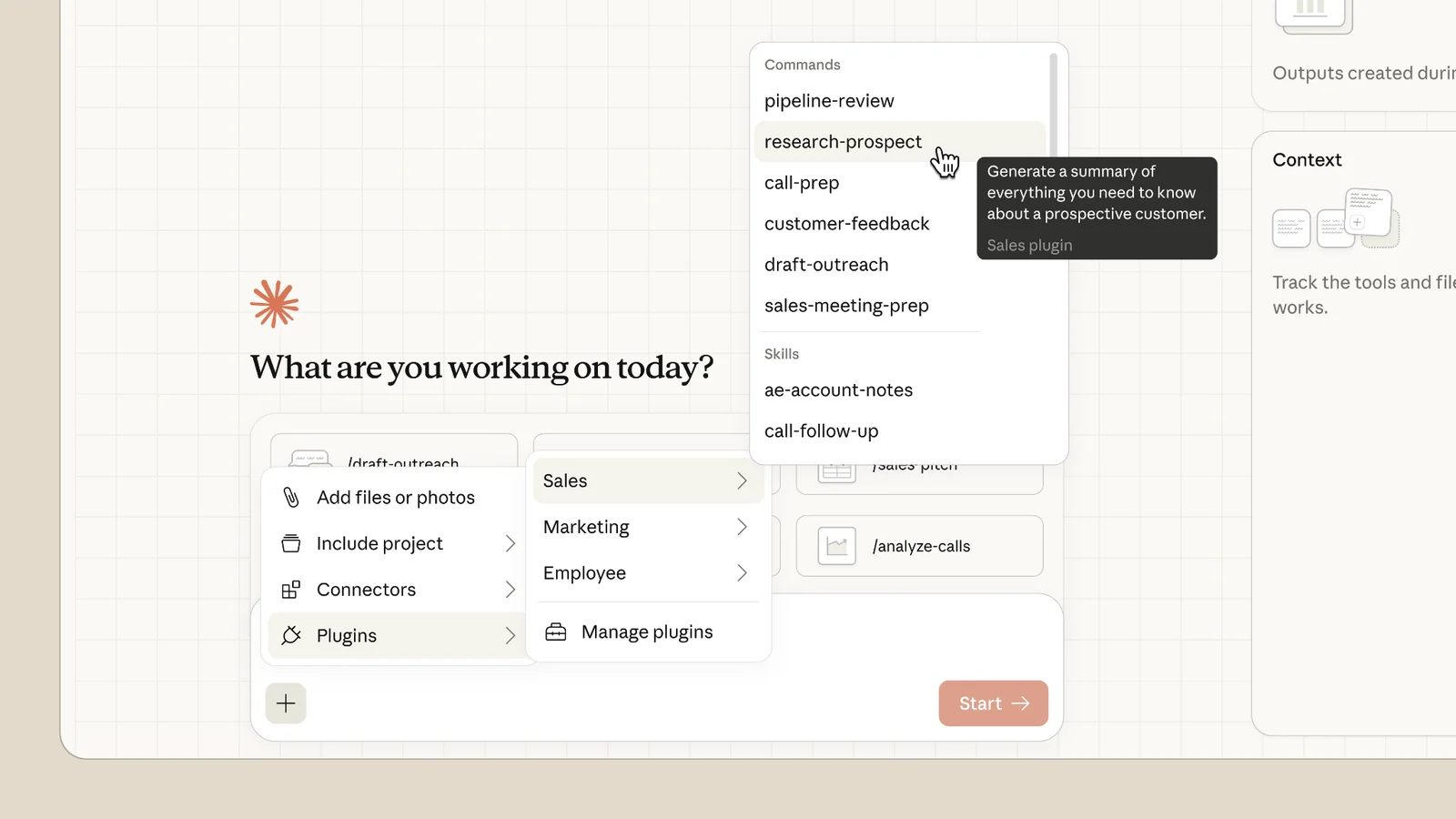 Coworkの入力画面。「What are you working on today?」の下の＋メニューでPluginsを開くと、Sales・Marketing・Employeeが並ぶ。Salesを選ぶと、pipeline-review、research-prospect、call-prep、customer-feedback、draft-outreach、sales-meeting-prepなどのコマンドと、ae-account-notes、call-follow-upなどのスキルが出ており、research-prospectには見込み客について知るべきことをまとめるという英語の説明が付いている