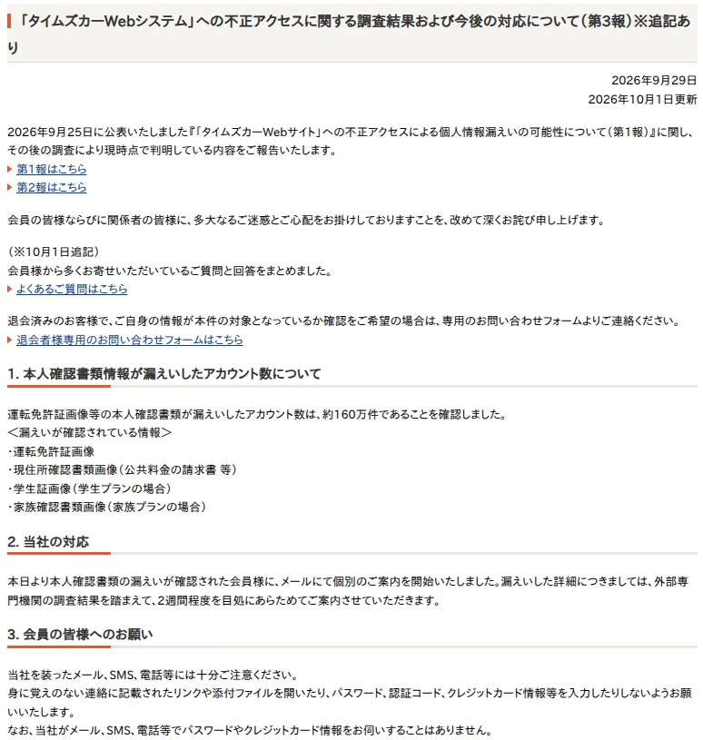タイムズカーのお知らせ「タイムズカーWebシステムへの不正アクセスに関する調査結果および今後の対応について(第3報)」(2026年9月29日、10月1日更新)。本人確認書類が漏えいしたアカウント数は約160万件で、漏えいした情報は運転免許証画像、現住所確認書類画像、学生証画像、家族確認書類画像。当社の対応として対象者へのメールでの個別案内の開始、会員へのお願いとして当社を装ったメールやSMS、電話への注意が書かれている